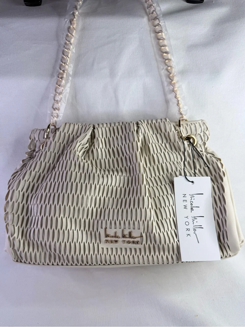 Nicole Miller Cream Mesh-Accent handbag